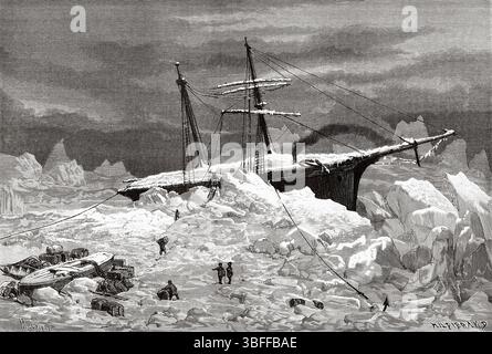 Das deutsche Schiff La Hansa wurde im Eis gefangen, Grönland. Entwurf von Jean Pierre Moynet (1819–1876) zweite deutsche Nordpolexpedition der Schiffe La Germania und La Hansa 1869-1870 von Kapitän Paul Friedrich August Hegemann (1836–1913) Le Tour du Monde 1874 Stockfoto