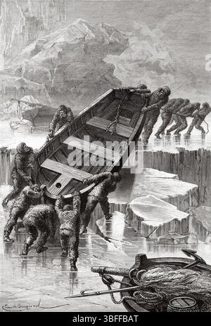 Nach der Zerstörung ihres Lagers nahm die Besatzung der Hansa ihre Boote und die rückgewonnene Ausrüstung, um ihre Expedition fortzusetzen. Grönland. Entwurf von Jean Pierre Moynet (1819–1876) zweite deutsche Nordpolexpedition der Schiffe La Germania und La Hansa 1869-1870 von Kapitän Paul Friedrich August Hegemann (1836–1913) Le Tour du Monde 1874 Stockfoto