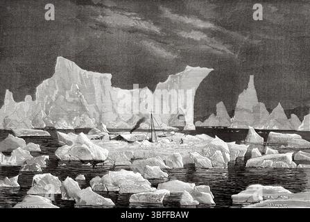 Die Besatzung der Hansa überlebte den Winter in einer Schutzhütte aus Kohlestaub-Briketts, die auf Meereis schweben. Grönland. Entwurf von Jean Pierre Moynet (1819–1876) zweite deutsche Nordpolexpedition der Schiffe La Germania und La Hansa 1869-1870 von Kapitän Paul Friedrich August Hegemann (1836–1913) Le Tour du Monde 1874 Stockfoto