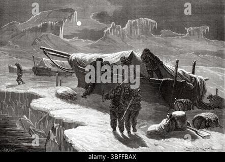 Biwak der Hansa-Crew auf einem Eisberg. Grönland. Entwurf von Emile Bayard (1837–1891) zweite deutsche Nordpolexpedition der Schiffe La Germania und La Hansa 1869-1870 von Kapitän Paul Friedrich August Hegemann (1836–1913) Le Tour du Monde 1874 Stockfoto