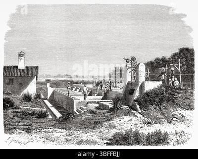 Indigo Factory, Prayagraj, ehemals Allahabad, indischer Bundesstaat Uttar Pradesh, Indien. Zeichnung von Emile Therond (182–1883) reist in Zentralindien und in die Präsidentschaften von Bombay und Bengalen, 1876 von Louis Theophile Marie Rousselet (1845–1929) Le Tour du Monde 1874 Stockfoto