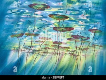 Sonnenstrahlen und Seerosenblätter in blauem Unterwasser-Aquarellhintergrund Stockfoto