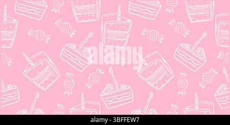 Handgezeichnetes nahtloses Muster mit Geburtstagskuchen. Doodle-Vektor-Design. Stock Vektor