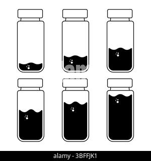 Abbildung: Set aus Glasflaschen mit Füllständen und Blasen. Ein Satz von Glasflaschen, die in unterschiedlichen Mengen mit Flüssigkeit gefüllt sind. Stock Vektor