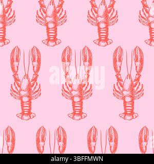 Nahtloses Muster mit rotem Hummer. Vektorgrafik von Hand gezeichnet. Rosafarbener Hintergrund mit Meeresfrüchten. Geschenkpapier, modisches Textilmuster Stock Vektor