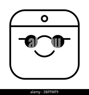 Emoji in Sonnenbrille Vektor-Illustration. Dieses Vektorbild zeigt ein minimalistisches Emoji-Gesicht, das eine runde Sonnenbrille mit einem breiten Lächeln trägt. Stock Vektor