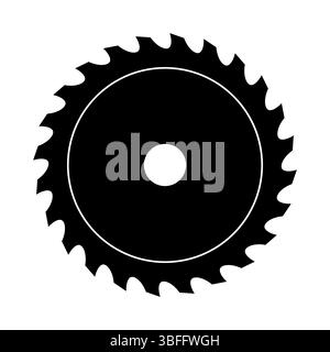 Kreissägeblatt Silhouette Vektor. Die Klinge verfügt über scharfe, gleichmäßig verteilte Zähne um ihren Umfang und zwei konzentrische Kreise in der Mitte. Stock Vektor