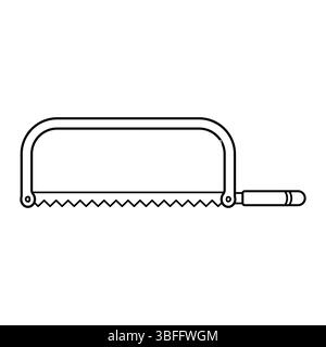 Handsäge für Metall-Umrissvektor-Illustration. Die Säge hat eine gerade gezackte Klinge mit einem rechteckigen Rahmen und einem abgerundeten Griff für Griffigkeit. Stock Vektor