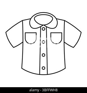 Kurzarm-Hemd – Outline-Illustration. Das Shirt hat einen abgerundeten Kragen, zwei Brusttaschen und eine Reihe von fünf Knöpfen, die in der Mitte verlaufen. Stock Vektor