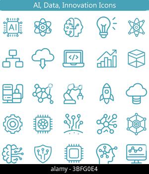 Symbole FÜR KI, Daten und Innovation – Technologie, maschinelles Lernen, Cloud, Automatisierung Vektorsatz Stock Vektor