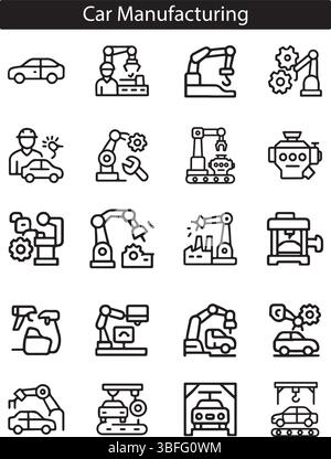 Symbole für die Automobilherstellung – Vektorsatz für die Automobilfabrik für Industrie, Produktion und Engineering Design Stock Vektor
