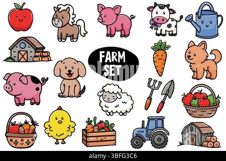 Eine farbenfrohe Illustration mit verschiedenen Nutztieren, Gemüse und Werkzeugen. Einschließlich Pferd, Schwein, Kuh, Hund, Schaf, und landwirtschaftliche Geräte. Stock Vektor