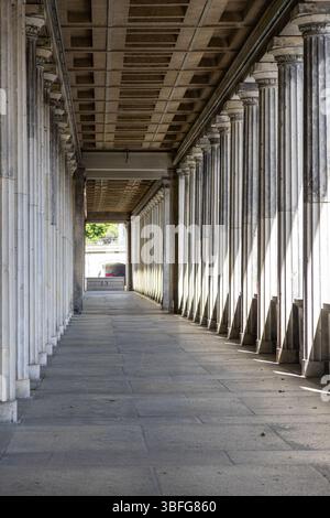 Symmetrische Steinkolonnade mit natürlichem Licht. Ein langer, leerer Steinkorridor, der von klassischen Säulen flankiert wird und von Sonnenlicht durchleuchtet wird Stockfoto