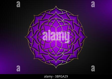 Heilige Lotusblume, lila florale Mandala, goldenes Design. Krone Chakra Blume Blütensymbol für Yoga, Spa, Schönheitssalon, Kosmetik, entspannen, Markenstil. Stock Vektor