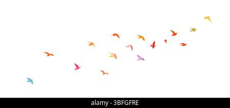 Fliegende farbige Vogelsilhouetten auf weißem Hintergrund. Vektorabbildung. Isolierte Vogelfliegen. Tattoo-Design. Stock Vektor