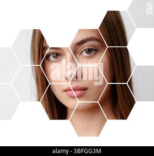 Kreatives sechseckiges Porträt einer jungen Frau mit Schönheit und Kunstfertigkeit Stockfoto