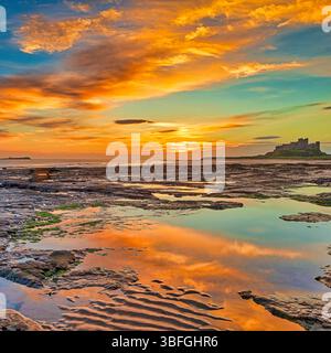 Ein Blick bei Sonnenaufgang auf Bamburgh Beach in Northumberland bei Ebbe in Richtung Bamburgh Castle mit einem wunderschönen Sonnenaufgangshimmel Stockfoto