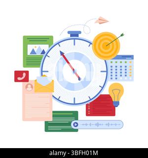Vektorillustration von winzigen Menschen, die Zeit mit Uhren, Zeitplänen und Zielsymbolen organisieren, wobei Zeitmanagement, Produktivität, und effiziente Planung im privaten und beruflichen Leben. Stock Vektor