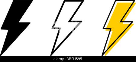 Satz von Thunderbolt-Symbolen. Sammlung von Blitzschildern isoliert auf weißem Hintergrund. Elektrizität, Energie, Strom oder Warnsymbole. Piktogramme für Zeichentrickschock, dramatische oder gefährliche Piktogramme. Vektorabbildung. Stock Vektor