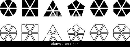 Grundlegende geometrische Formen, aufgeteilt in 6 Sektoren, isoliert auf weißem Hintergrund. Rund, quadratisch und dreieckig, fünfeckig, sechseckig und achteckig in sechs gleiche Segmente geschnitten. Vektorgrafik. Stock Vektor