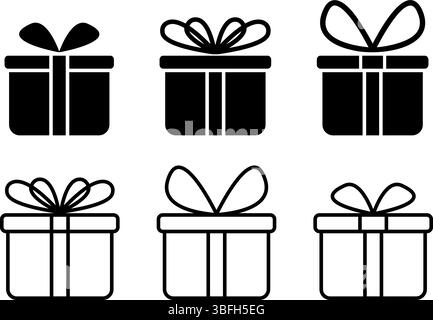 Set mit Symbolen für Geschenkschachteln. Präsentieren Sie Paketsilhouetten mit Schleifen auf weißem Hintergrund. Geburtstagssymbole oder ein anderes festliches Ereignis. Bearbeitbare Kontur. Vektorgrafik. Stock Vektor