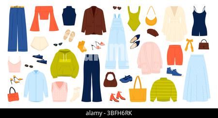 Modische Damenkleidung für legere Outfits Set. Sommer elegante Kleid und Schuhe, stilvolle Bluse und Hosen, Hemden und Jeans, verschiedene Kleidung Modelle und Accessoires Sammlung Cartoon Vektor Illustration Stock Vektor