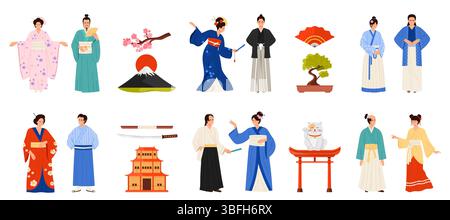 Japaner in traditionellen Kostümen. Frau und Mann in Nationalkleidung, männliche und weibliche Charaktere tragen unterschiedlichen Kimono und halten Papierfächer, Regenschirm Cartoon Vektor Illustration Stock Vektor