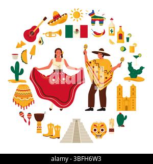 Mexikanische Kulturelemente und Wahrzeichen, Tanz von mexikanischer Frau und Mann mit Maracas und Poncho auf rundem Infografik-Poster. Traditionelles Essen und Tequila, Flagge im Kreis Karikaturvektor Illustration Stock Vektor