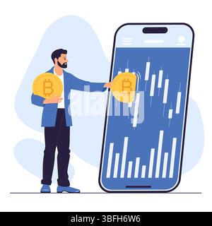 Investition in Bitcoin, Fintech, Erfolg BTC-Handel auf dem Kryptowährungsmarkt, Kryptographie. Glücklicher winziger Mann mit goldenem Token und Analyse-Diagramm wachsen auf Smartphone-Bildschirm Cartoon-Vektor-Illustration Stock Vektor