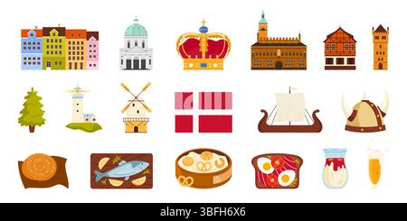 Reise nach Dänemark Set, kulturelle Elemente und Architektur, Nationalflagge. Traditionelle Häuser und Schloss von Kopenhagen Stadtbild, Essen und Leuchtturm, wikinger Helm und Boot Cartoon Vektor Illustration Stock Vektor
