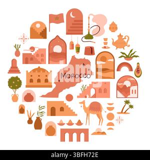 Marokkanische Kulturelemente, Bögen und Türen von Terrakotta-Gebäuden in Marrakesch, marokkanische Karte in rundem Infografik-Poster. Keramik und Kamel, arabischer Stil in Kreismuster Cartoon Vektor Illustration Stock Vektor