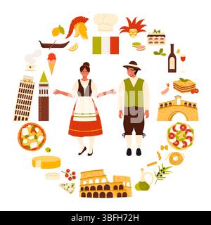 Kulturelemente Italiens und Wahrzeichen des Kulturerbes, Speisen und Wein der Köche auf rundem Infografik-Poster. Italienische Menschen in traditionellen Trachten, Baudenkmälern und Flagge in Kreis Cartoon Vektor Illustration Stock Vektor