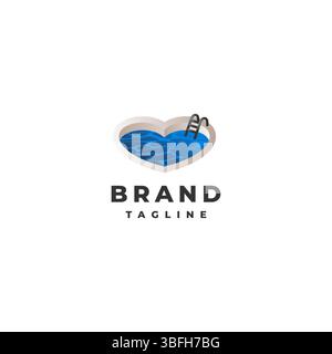 „Happy Heart Swimming Pool“-Logo. Design Mit Herz-Symbol-Logo In Schwimmbadform. Stock Vektor