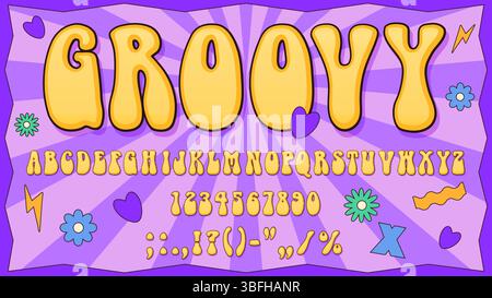 Groove-Schriftart der 70er Jahre, Groovige Schriftart der 60er Jahre, Hippie-Schriftart. Retro funky Buchstaben und Zahlen Schriftvektor Typografie mit Hippie Herz und Blumen. Vintage-Groove-Schriftart auf psychedelischem Swirl-Hintergrund Stock Vektor