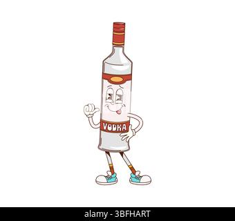 Wodka Alkohol Trinkflasche grooviger betrunkener Charakter. Cocktail-Drink oder Spirituosenzutat lustige Hippie-Vektor-Persönlichkeit. Wodka-Flasche, niedliche Zeichentrickfigur oder isoliertes, funky, grooviges Maskottchen Stock Vektor
