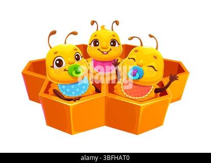 Fröhliche Honigbienenfiguren sitzen in Wabenzellen mit fröhlichen, lächelnden Gesichtern. Vector niedliche Babybienen mit großen Augen, Lätzchen und Schnuller mit verspielten Ausdrücken, die Freude und Niedlichkeit ausdrücken Stock Vektor