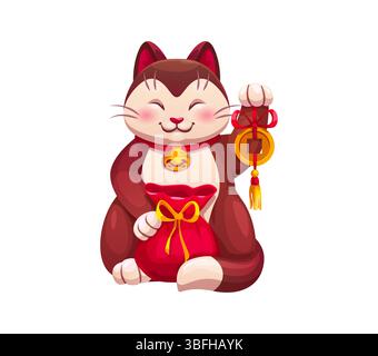 Japanische Maneki-Neko-Katze mit Glücksbringer. Japanische Kulturfigur, asiatisches Glück- und Reichtumssymbol. Maneki neko isolierte Vektorkatze mit Sack voller Geld, goldene Münze oder Charme in der Pfote Stock Vektor