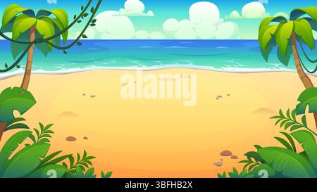 Tropische Inselstrandlandschaft mit Kokospalmen, gelbem Sand, blauen Ozeanwellen und hellem sonnigem Himmel mit flauschigen Wolken, Dschungelblättern und leerer Küste. Hintergrund für Vektor-Spielebenen Stock Vektor
