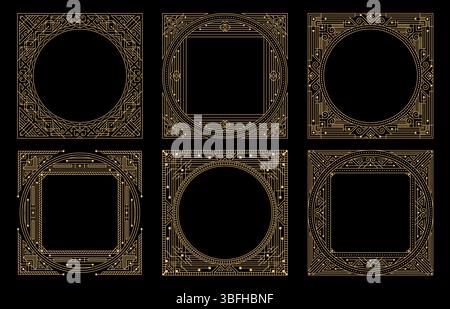 Art-Deco-Rahmen in goldenen Linien auf schwarzem Hintergrund. Vektorset aus eleganten symmetrischen quadratischen und kreisförmigen Borten, klassischen dekorativen Vorlagen mit Vintage-Luxus-Flair, für Einladungen oder Zertifikate Stock Vektor
