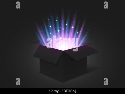 Helles Neonlicht aus der Weihnachtsgeschenkbox. Magisches Leuchten, das aus einer offenen Black Box auftaucht, repräsentiert Überraschung, Wunder, Kreativität, Fantasie, Gefühle der Verzauberung, Magie, Feier oder Aufregung Stock Vektor
