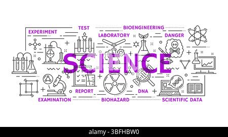 Symbole für Genetik, Medizin und Physik, Chemie und Biologie. Vektor umreißen Laborforschung Symbole Satz von Reagenzgläsern und Kolben, Mikroskop, DNA, Molekül, Virus und Atommodelle Stock Vektor