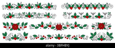 Verzierte holly-Beeren-Trennblätter und -Grenzen. Weihnachtsvektorbesätze mit grünen stechpalmenblättern, roten Beeren und Weihnachtsstern. Festliche Deko-Elemente für Winterschmuck mit Wirbeln und Zweigen Stock Vektor