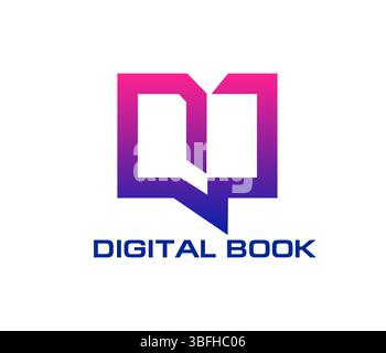 Digitale Buchikone mit modernem rosafarbenen bis violetten Verlaufsemblem mit offenem Buch- und Chat-Blase, symbolisiert Verlagswesen, Wissenstransfer, technologische Fortschritte in Literatur und Bildung Stock Vektor