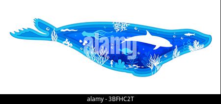 Papiergeschnittene Pelzsiegel-Silhouette mit Meerestieren und Unterwasserlandschaft. Vektor-3D-Papier geschnittener mehrschichtiger Dichtungsrahmen mit Delfin, Fischschwärme, Meeresschildkröte und Seepferd am Unterwasserlandschaftshintergrund Stock Vektor