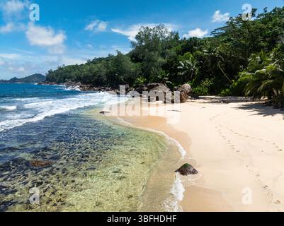 Wunderschöner Strand in den Tropen. Seychellen, Mahe. Anse Takamaka Beach. Stockfoto