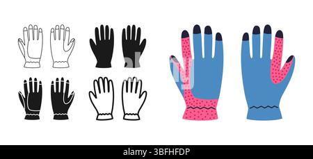 Symbolsatz für Schutzhandschuhe für Reparatur. Moderne Sicherheitshandschuhe für Baumechaniker, Klempner, Tischlerei oder Gartenarbeit. Professionelle stilisierte einfache Zeichen Web Design Vektor Illustration Stock Vektor