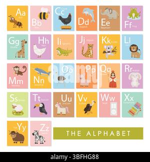 Tiere Alphabet Illustration, Lehrmaterial, für Kinder, Kindergarten, Klassenzimmer Poster. Vektorabbildung Stock Vektor