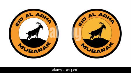 EID al-Adha Mubarak Abzeichen Vektor | Kreisdesign mit weißen und orangefarbenen Ziegenvarianten Stock Vektor