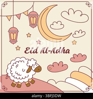 EID al-Adha Mubarak Grußvektor | niedliche Zeichentrick Schaf Illustration Stock Vektor