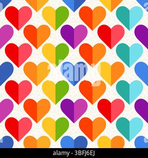 Regenbogenherzmosaik, nahtloses Vektormuster mit bunten Herzen in einer Regenbogenpalette. Perfekt für Hintergründe, Textilien und festliche Bannerdesigns Stock Vektor